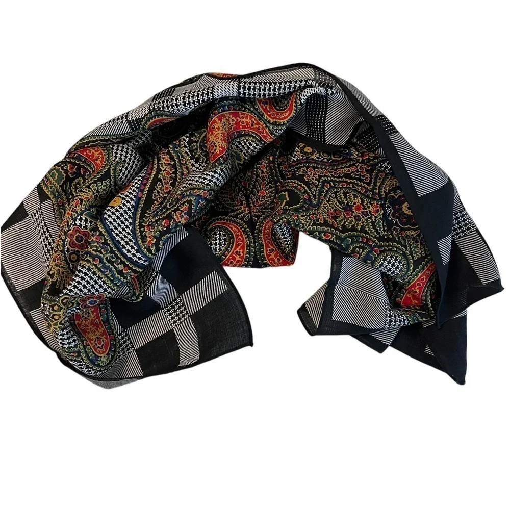 ANN TAYLOR Vintage 100% wool black/ multi plaid & paisley scarf, 34”x34”